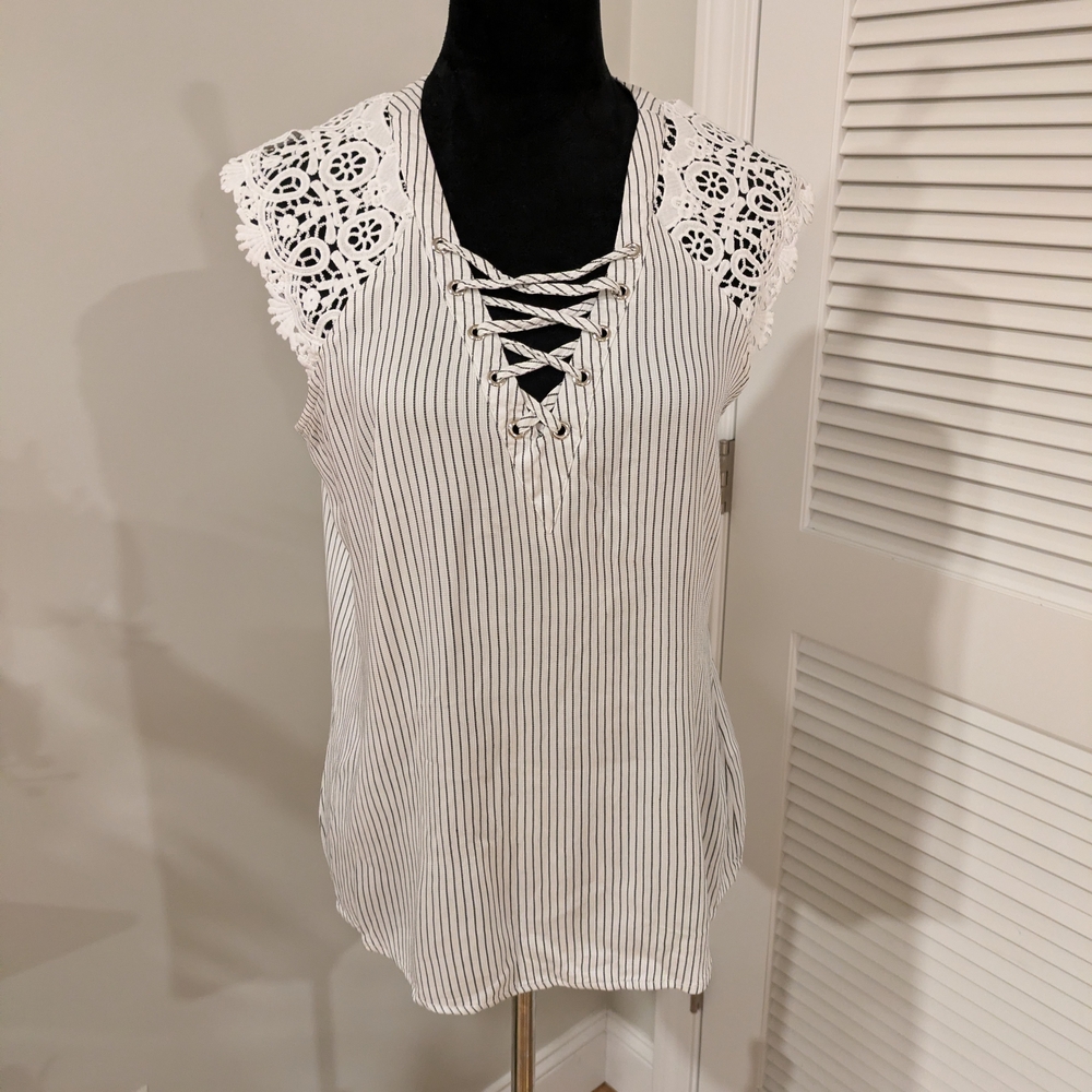 Maurices Black and White Striped Lace-Up Blouse Size L New